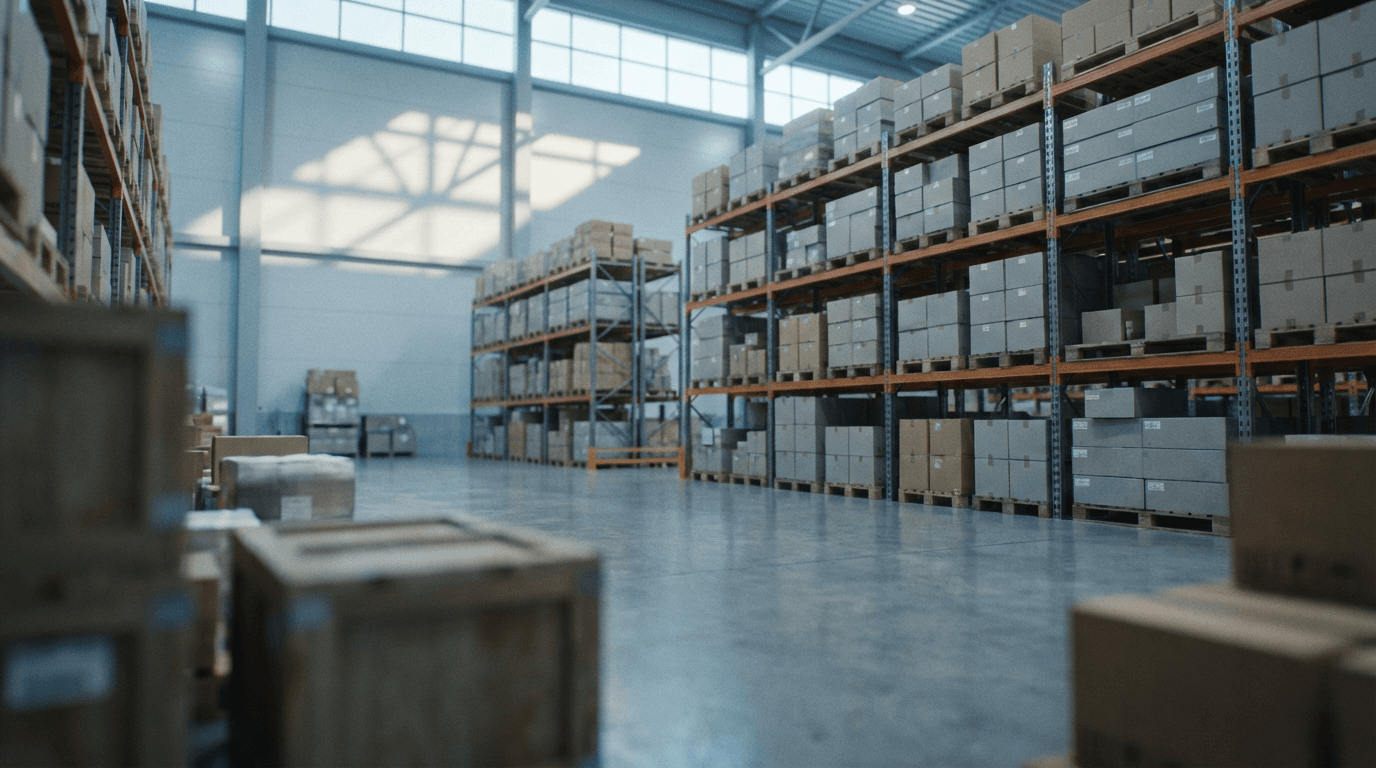 Organized warehouse shelving with professional product storage